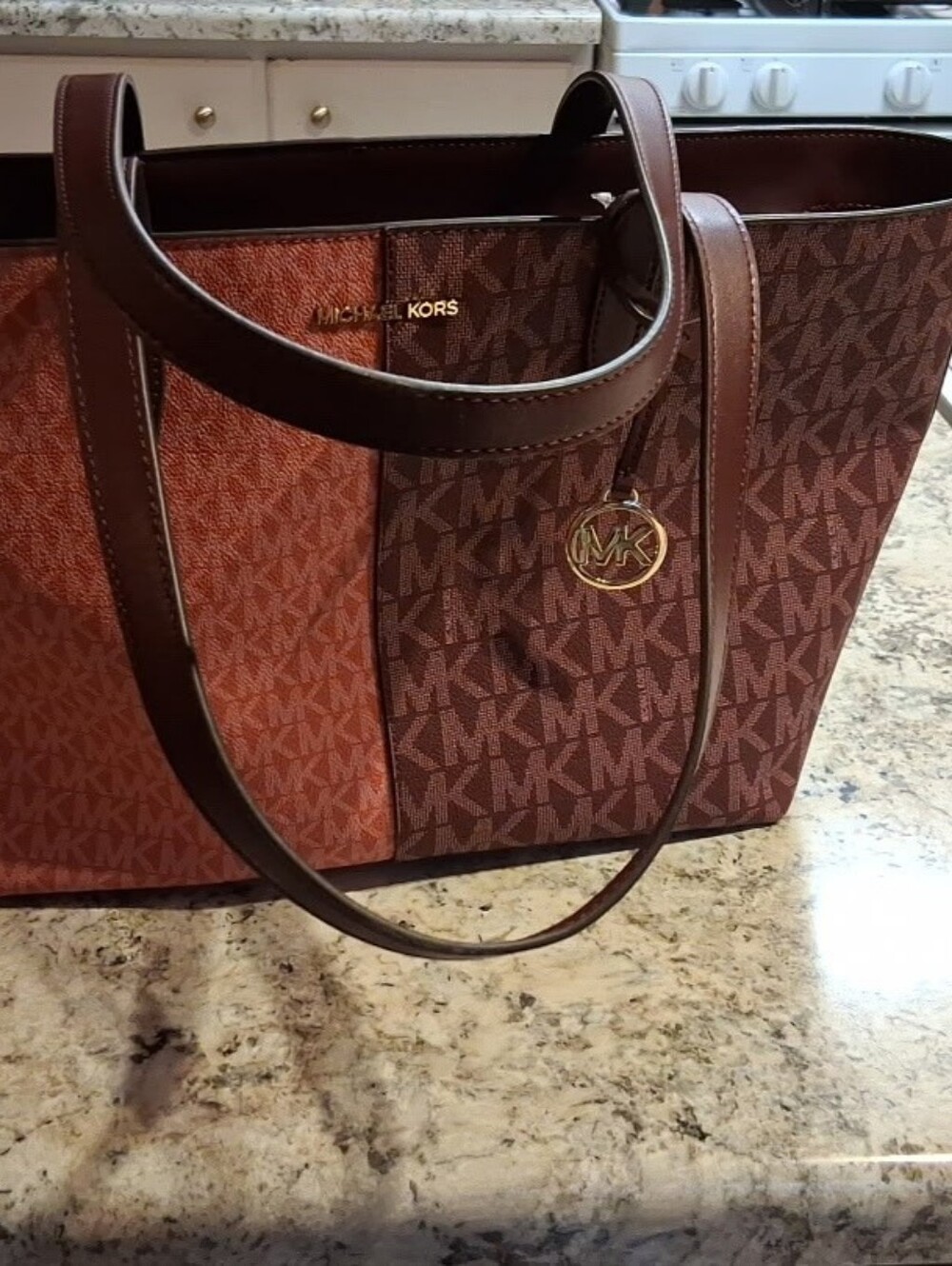 Michael Kors Two-Tone Brown Logo Tote with Gold Accents